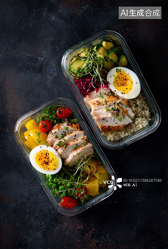 【AI数字艺术】两盒健康鸡肉蔬菜餐食图片素材