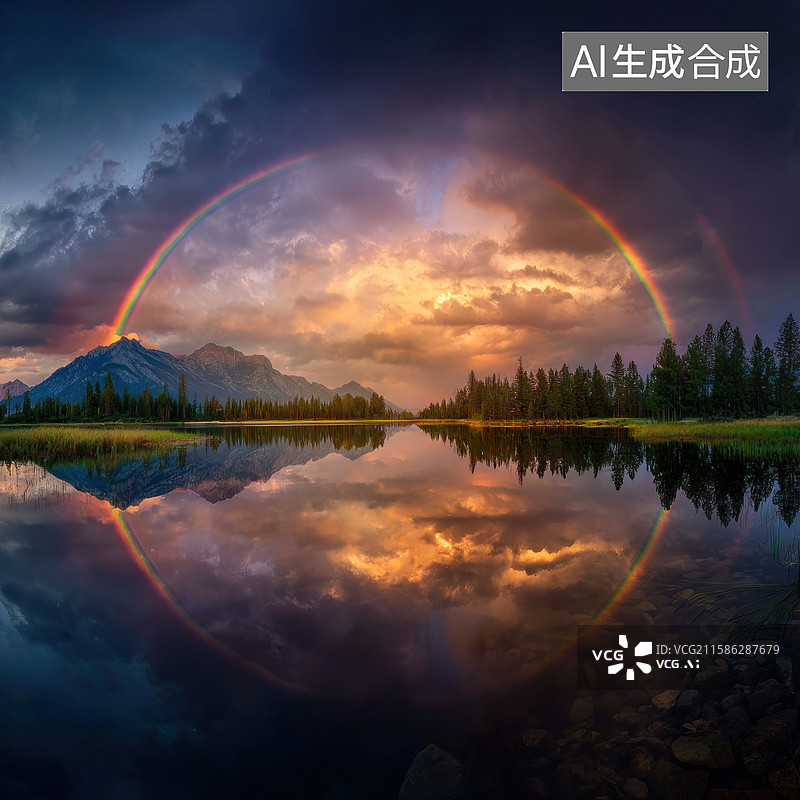 【AI数字艺术】夕阳下山湖上空的双彩虹图片素材