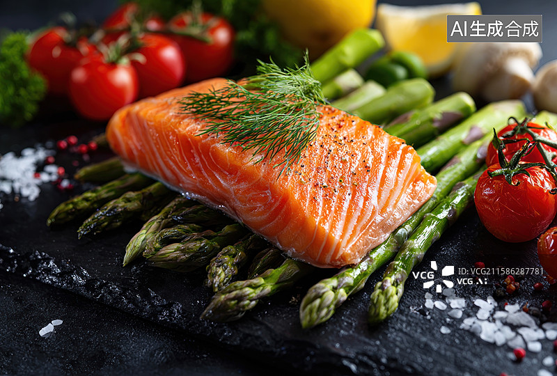 【AI数字艺术】香煎三文鱼配芦笋与樱桃番茄图片素材