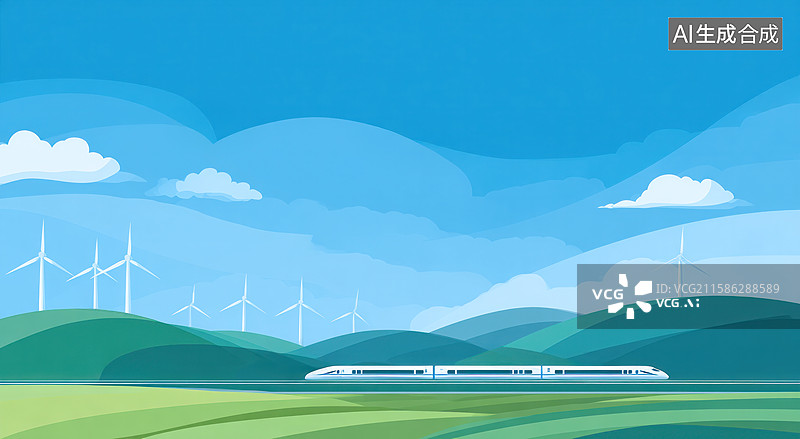 【AI数字艺术】高速列车穿行绿色风景与风力发电机图片素材