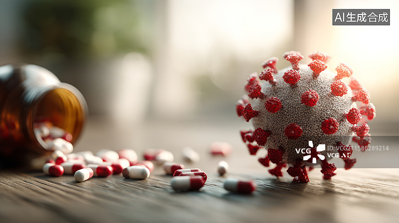 【AI数字艺术】抗病毒药物与病毒颗粒：健康防护的医疗概念图片素材