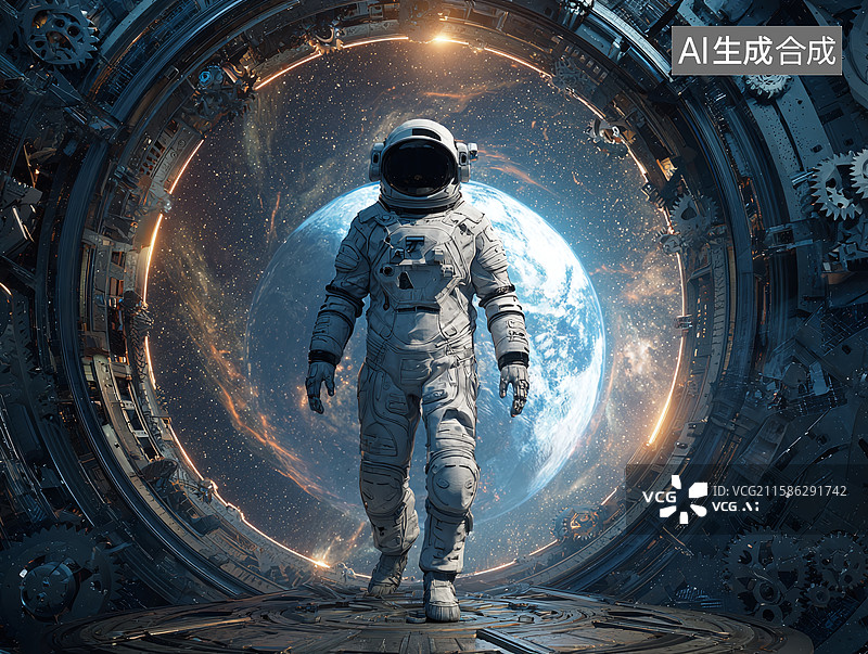 【AI数字艺术】宇航员身着宇航服，于科幻太空舱内，借宇宙星空与地球背景开启星际探索之旅图片素材