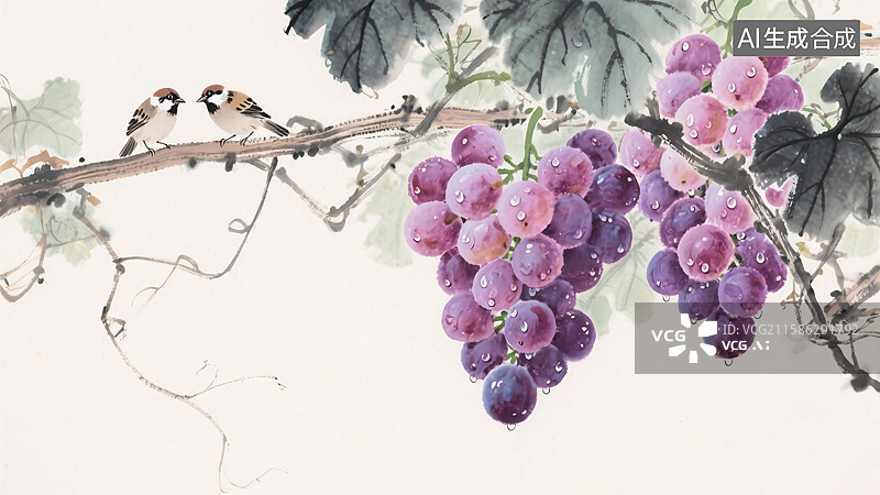 【AI数字艺术】水墨画葡萄背景图片素材