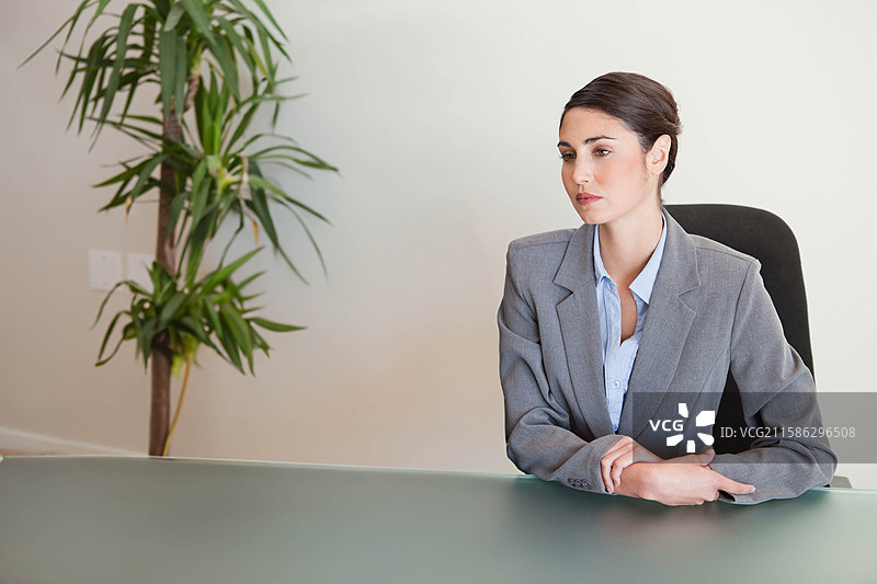 穿着商务服装的女商人在办公室的会议桌旁坐着，旁边有一盆植物，留有空白空间。图片素材