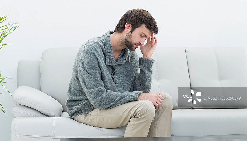 男性坐在绗缝沙发上，穿着灰色针织毛衣，身处简约风格的客厅，旁边有一盆植物。图片素材