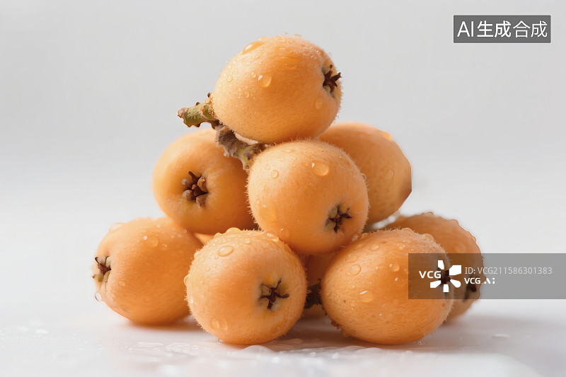 【AI数字艺术】白色背景，堆叠在一起，沾着水珠的枇杷图片素材