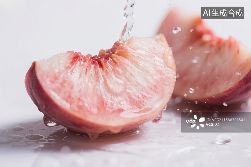 【AI数字艺术】白色背景，切成块的脆桃，水滴在果肉表面图片素材