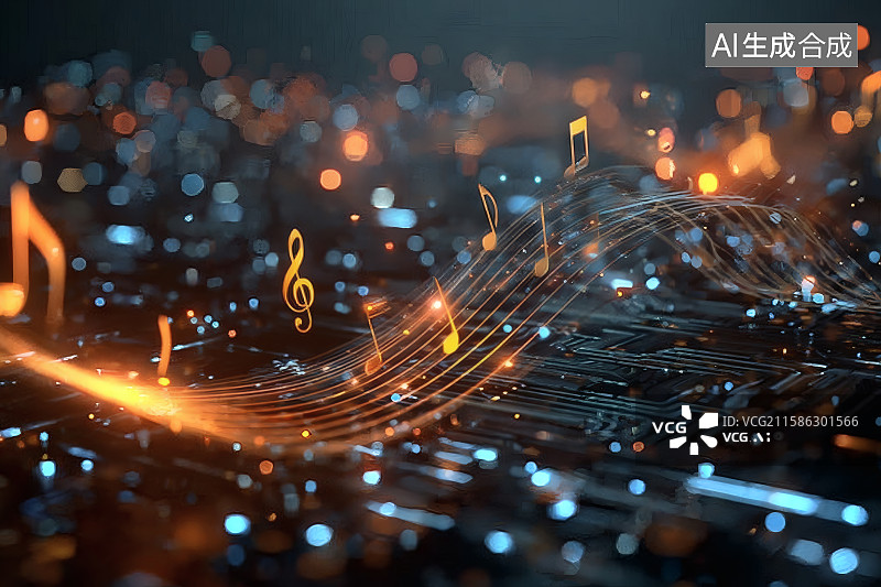 【AI数字艺术】五线谱上，发光的跳动的音符，音乐节海报图片素材
