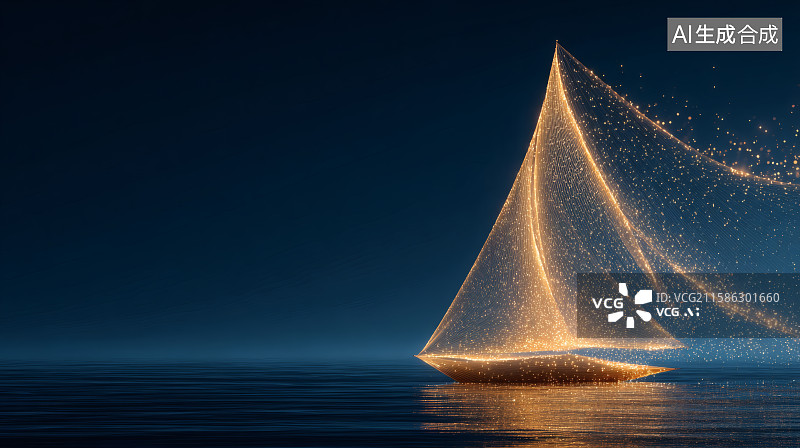 【AI数字艺术】黑夜中，橙色粒子组成的帆船行驶在大海上，左边留白图片素材
