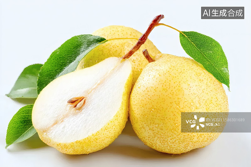 【AI数字艺术】白色背景，对半切开的香梨，白色的果肉图片素材