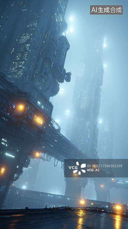 【AI数字艺术】科幻雾霭笼罩下的高耸未来城市建筑图片素材