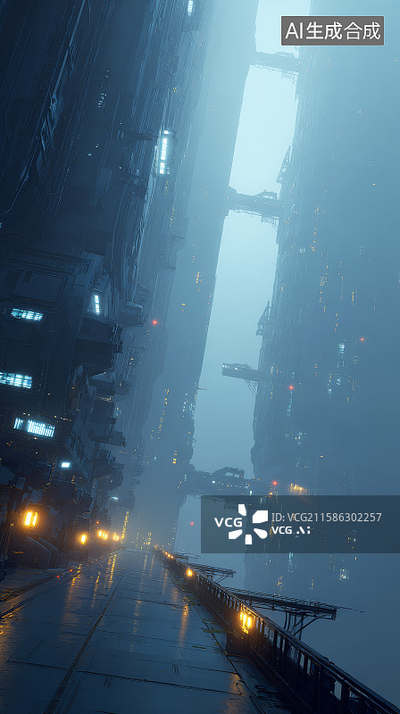 【AI数字艺术】科幻雾霭笼罩下的高耸未来城市建筑图片素材
