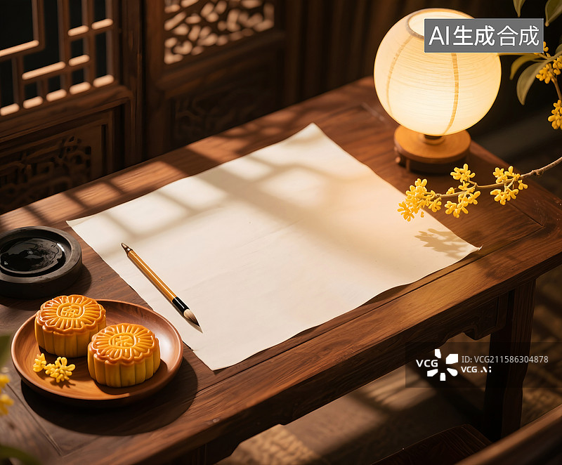 【AI数字艺术】中秋节，书房书桌上的文房四宝笔墨纸砚与月饼图片素材