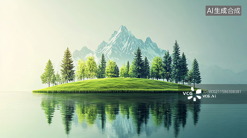 【AI数字艺术】一个绿色小岛倒影在水面上图片素材