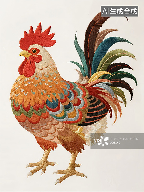 【AI数字艺术】刺绣风格公鸡图案图片素材