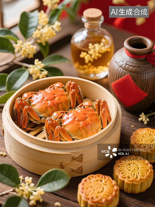 【AI数字艺术】中秋佳节的食物 桂花酒和黄酒螃蟹图片素材