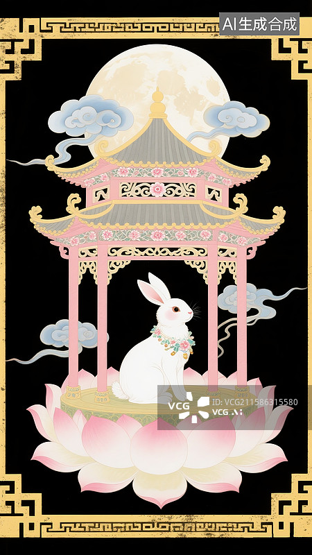 【AI数字艺术】白兔端坐莲花台图片素材