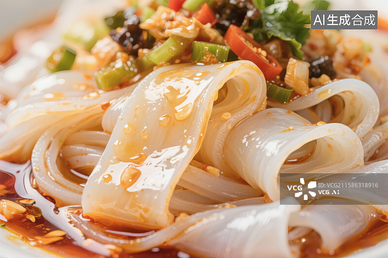 【AI数字艺术】一份美味的凉皮，白色面皮裹着辣椒油图片素材