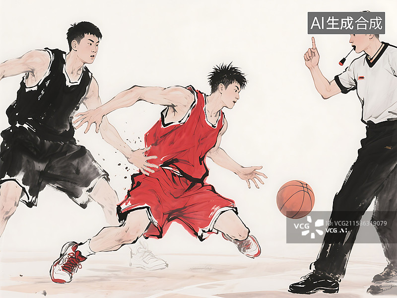 【AI数字艺术】国风水墨画浙江浙BA篮球赛图片素材