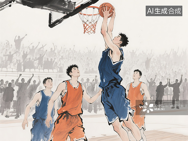 【AI数字艺术】国风水墨画浙江浙BA篮球赛图片素材