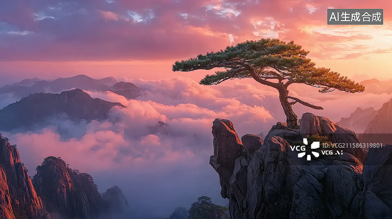 【AI数字艺术】夕阳下，悬崖峭壁上的一棵迎客松图片素材
