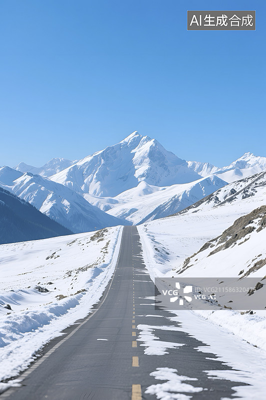 【AI数字艺术】冬日雪山公路风景图图片素材