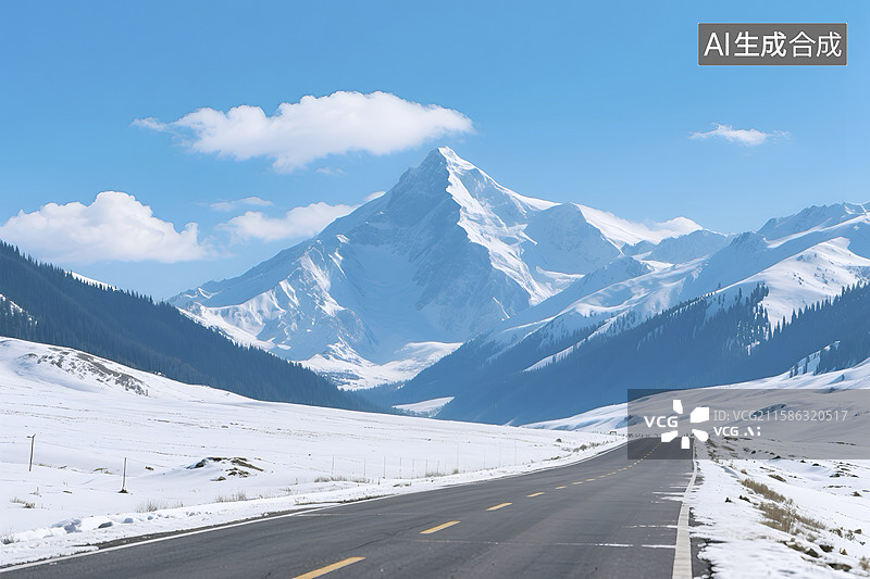 【AI数字艺术】冬日雪山公路风景图图片素材