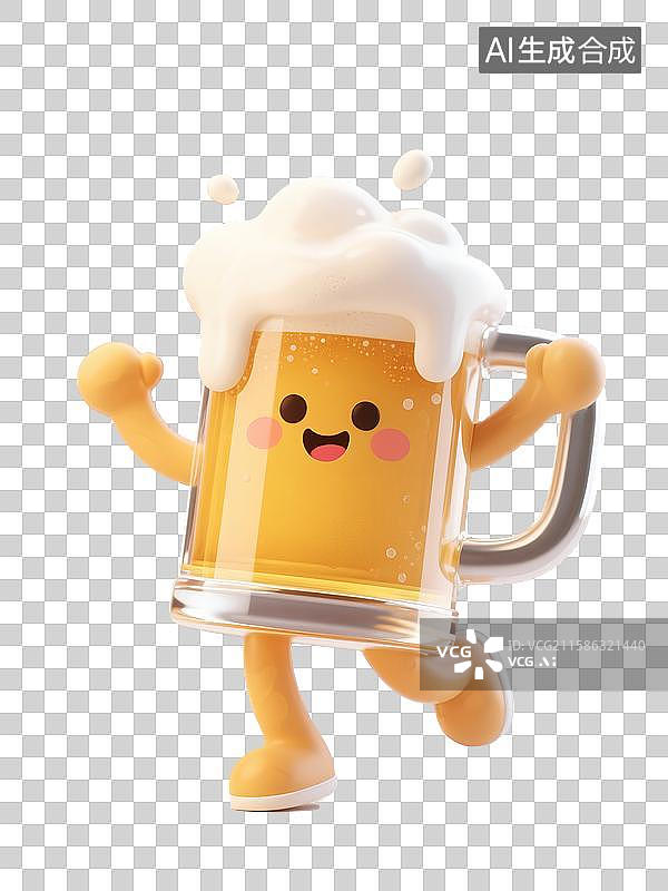 【AI数字艺术】一杯冒着白色泡沫的卡通啤酒杯微笑着庆祝，3D免扣元素图片素材