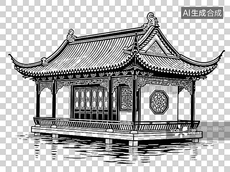 【AI数字艺术】黑白线稿中国古建筑—水榭图片素材