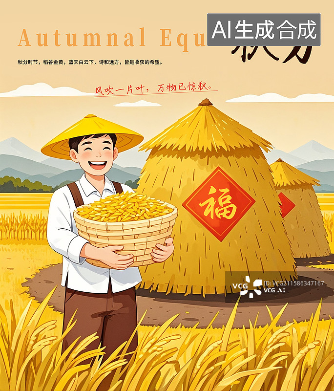 【AI数字艺术】二十四节气海报模版-秋天 金秋十月收割稻谷季节 丰收的麦田 戴着草帽的农民抱着稻谷的农民 壁纸 竖版图片素材