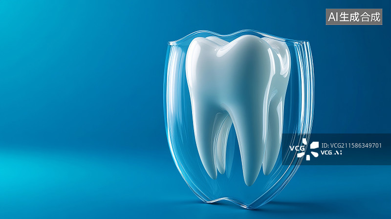 【AI数字艺术】蓝色背景透明外壳牙齿，保护牙齿概念插图图片素材