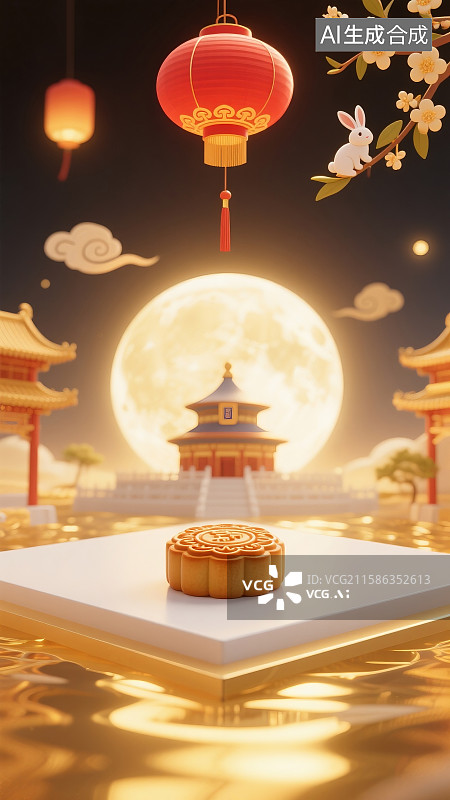 【AI数字艺术】中秋节海报背景,主体偏下,中间留白,中秋月饼,天坛,灯笼,祥云,玉兔,桂花,中式糕点，传统，中秋节，图片素材