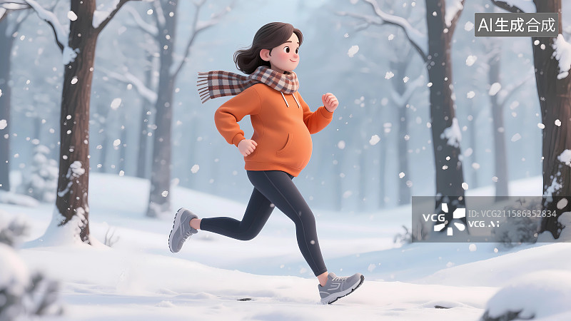 【AI数字艺术】冬季雪地里慢跑的孕妇3D卡通插画图片素材