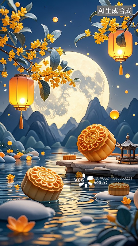 【AI数字艺术】传统,中秋节,月亮,平静月夜,湖面,山峦,创意，立体，卡通，风格,月亮，高挂，远近，桂花，零星，飘落图片素材