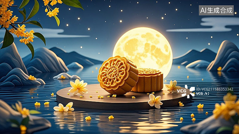【AI数字艺术】传统,中秋节,月亮,平静月夜,湖面,山峦,创意，立体，卡通，风格,月亮，高挂，远近，桂花，零星，飘落图片素材