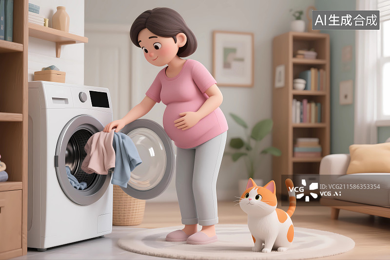 【AI数字艺术】站在洗衣机前面的孕妇准备洗衣服3D卡通插画图片素材