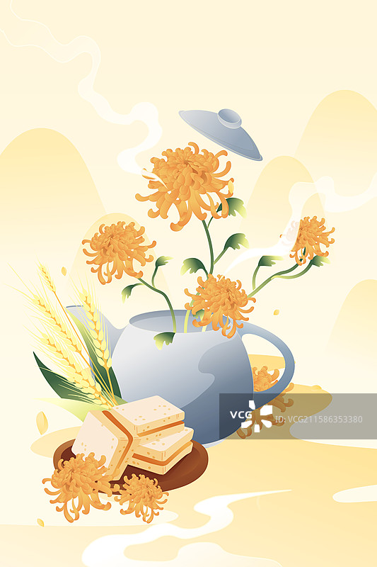 卡通秋季秋天寒露节气节日风景自然风光古建筑旅游露珠美食餐饮亲子家人仙鹤赏秋背景中国风国潮渐变矢量插画图片素材