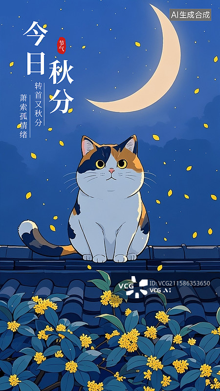 【AI数字艺术】二十四节气海报模版-秋天，夜晚屋顶的小猫和桂花树，爬上屋顶赏月的小胖猫 夜晚场景 手机壁纸 竖版图片素材