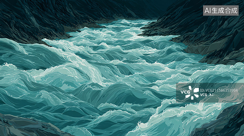 【AI数字艺术】山间湍急河流插画图片素材