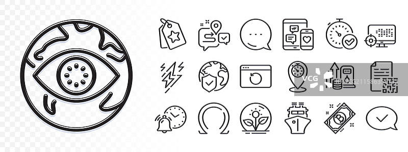 忠诚度标签、全球保险和计时器线条图标图片素材