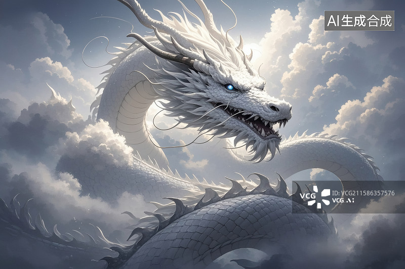 【AI数字艺术】腾云驾雾的一条白龙，山海经神兽图片素材