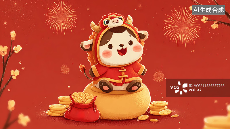 【AI数字艺术】红色背景，燃放的烟花，穿着卡通服装的马驹坐在装满金币的布袋上，春节海报图片素材