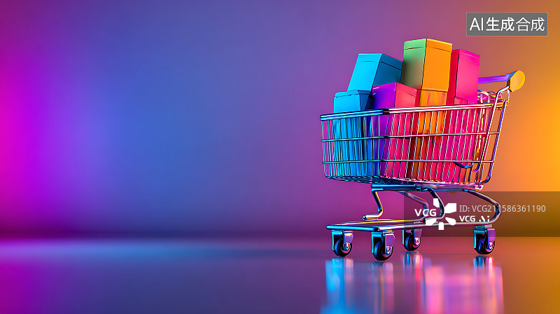 【AI数字艺术】缤纷的网络星期一着陆页横幅，购物车装满折扣商品，数字促销活动，在线购物与电子商务营销背景。图片素材
