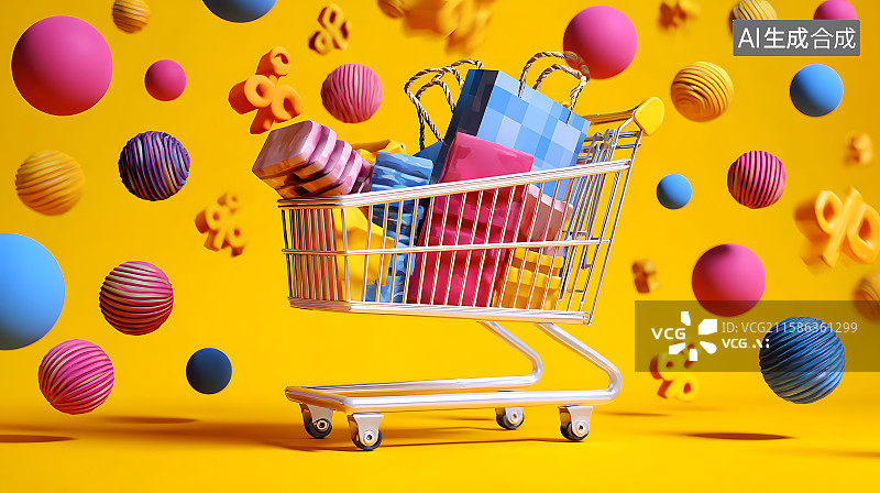 【AI数字艺术】缤纷的网络星期一着陆页横幅，购物车装满折扣商品，数字促销活动，在线购物与电子商务营销背景。图片素材