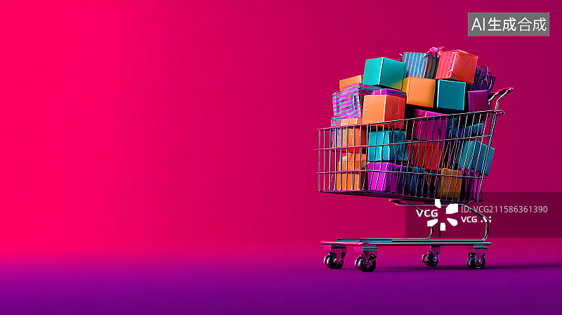 【AI数字艺术】缤纷的网络星期一着陆页横幅，购物车装满折扣商品，数字促销活动，在线购物与电子商务营销背景。图片素材