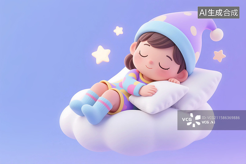 【AI数字艺术】3D立体三维C4D世界睡眠日童年孩子儿童睡觉放松舒适云朵云团夜晚可爱女孩卡通形象图片素材