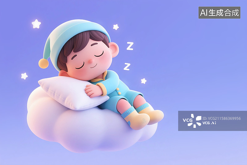 【AI数字艺术】3D立体三维C4D世界睡眠日童年孩子儿童睡觉放松舒适云朵夜晚可爱男孩卡通形象图片素材