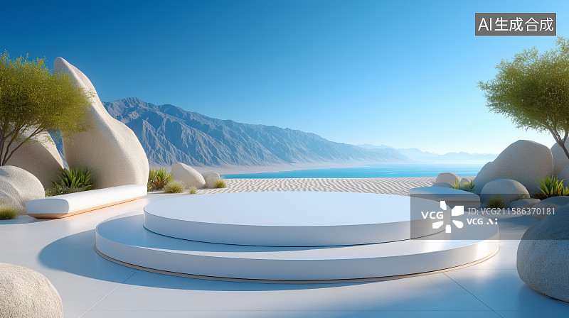 【AI数字艺术】现代简约圆形舞台与自然景观图片素材
