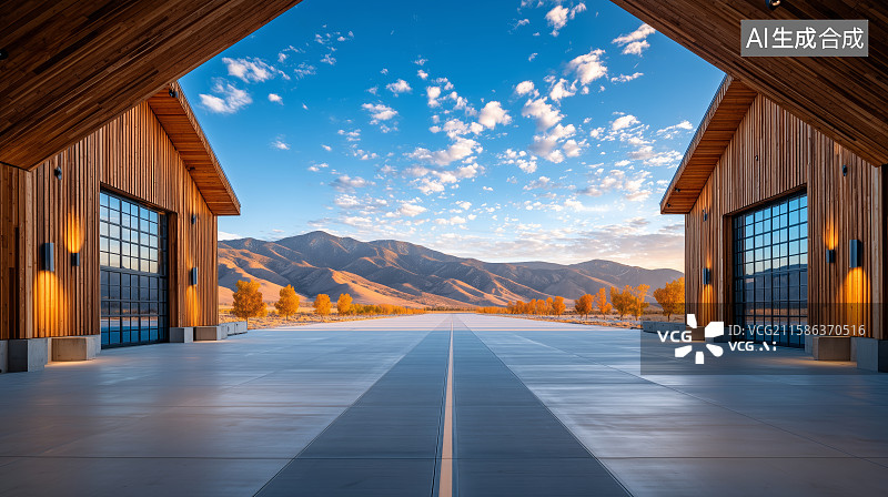 【AI数字艺术】现代建筑与湖景的日落风光图片素材