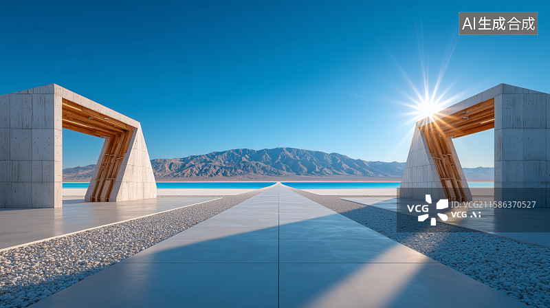 【AI数字艺术】现代建筑与湖景的日落风光图片素材